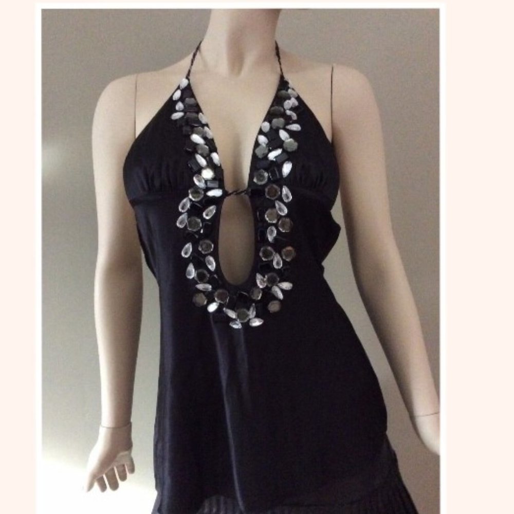 Marciano Black Silk Blend Beaded Halter Top